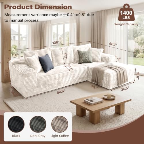 106'' Modular Sectional Sofa, L-Shaped Boneless Cloud Couch with Chaise Lounge, 4-in-1 Flexible Combination Faux Rabbit Fur & Layered Cushion Deep Seat, No Assembly, Beige Right Facing Chaise