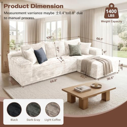 106'' Modular Sectional Sofa, L-Shaped Boneless Cloud Couch with Chaise Lounge, 4-in-1 Flexible Combination Faux Rabbit Fur & Layered Cushion Deep Seat, No Assembly, Beige Right Facing Chaise