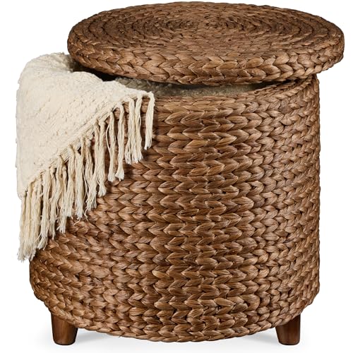 Best Choice Products 17" Round Storage Ottoman W/Lid, Handwoven Water Hyacinth Footstool, Footrest w/Wooden Legs, Accent Side Table, Storage Container, Plant Stand - Chestnut