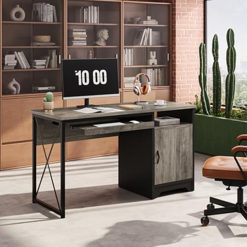 47-Inch Office Desk with Storage Cabinet & Keyboard Tray, Grey, view 3