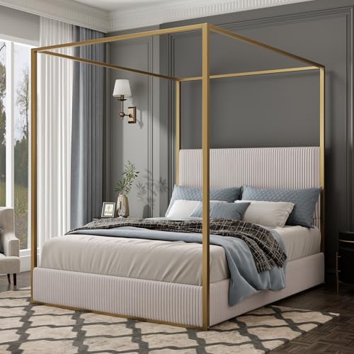 GDFStudio King Size Upholstered Canopy Bed Frame with Tall Corduroy Headboard, view 4