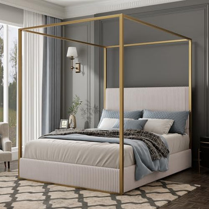 GDFStudio King Size Upholstered Canopy Bed Frame with Tall Corduroy Headboard, view 4