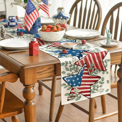 American Flag Stars Eucalyptus 4th of July Table Runner, Memorial Day Kitchen Dining Table Decoration for Home Party Decor 13x72 Inch