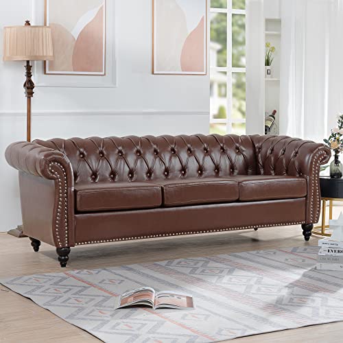 Chesterfield Sofa, Classic Tufted Upholstered Leather Couch, Modern 3 Seater Couch Furniture with Tufted Back for Living Room Office (Dark Brown)