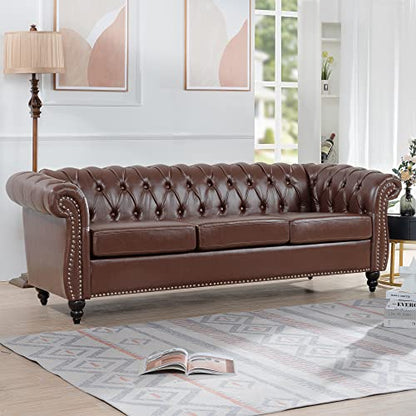 Chesterfield Sofa, Classic Tufted Upholstered Leather Couch, Modern 3 Seater Couch Furniture with Tufted Back for Living Room Office (Dark Brown)