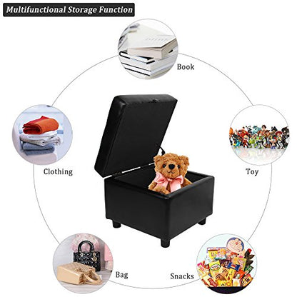 Tufted Leather Square Flip Top Storage Ottoman Cube Foot Rest (Black)