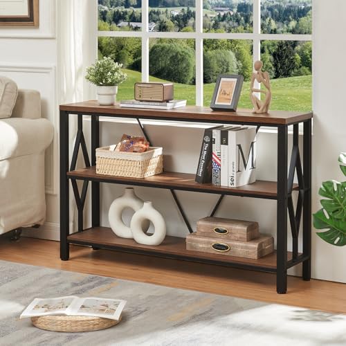 Sofa Console Table, Rustic Console Table with 3-Tier Storage, Engineered Wood Sofa Tables with Open Shelves, Heavy Duty Entryway Tables for Living Room, Hallway (47 Inch, Rustic Brown)