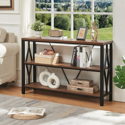 Sofa Console Table, Rustic Console Table with 3-Tier Storage, Engineered Wood Sofa Tables with Open Shelves, Heavy Duty Entryway Tables for Living Room, Hallway (47 Inch, Rustic Brown)