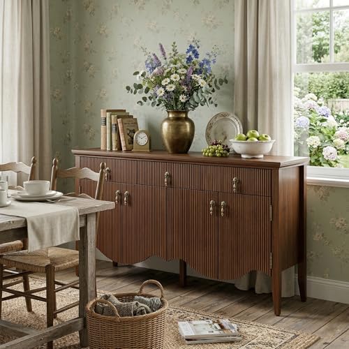 57" Fluted Sideboard Buffet,Retro Storage Cabinet, Walnut, view 7