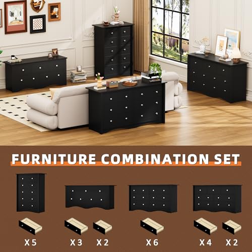 Dresser for Bedroom, 6 Drawer Wood Dresser, Black, view 7