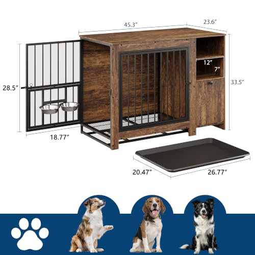 45.3" Dog Crate Furniture with Removable Tray and Rotating Bowls, view 3