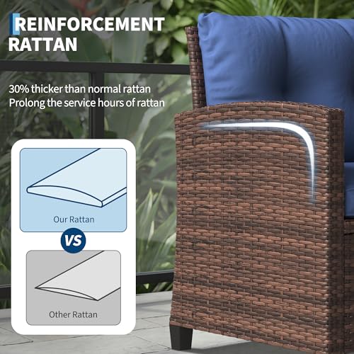 3 Pieces Patio Furniture Set, PE Rattan Patio Conversation Set with Tempered Glass Tabletop, Outdoor Wicker Chairs and Table Set for Patio Balcony Garden, Brown & Blue