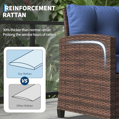 3 Pieces Patio Furniture Set, PE Rattan Patio Conversation Set with Tempered Glass Tabletop, Outdoor Wicker Chairs and Table Set for Patio Balcony Garden, Brown & Blue