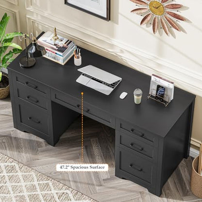 Farmhouse 61'' Executive Desk with 7 Drawers, Rustic Office Desk Computer Table with File Drawers, Wood Workstation for Study and Home Office,Pure Black