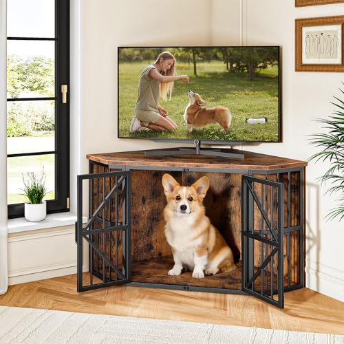 44" Corner Dog Crate Furniture for Medium Dogs, Rustic Brown, view 6