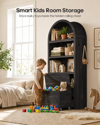 76.6" Arched Bookshelf with Rolling Storage Bench, view 6