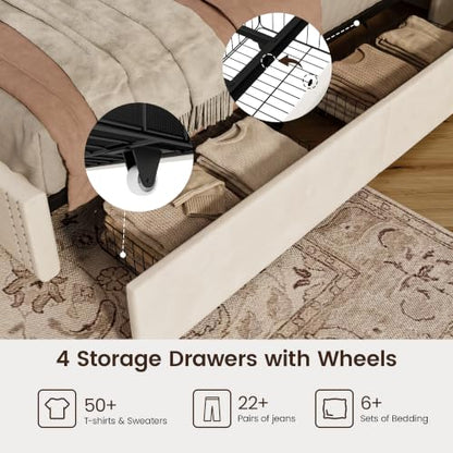 Upholstered Queen Bed Frame with Headboard, Beige Bedframe with Storage, view 6