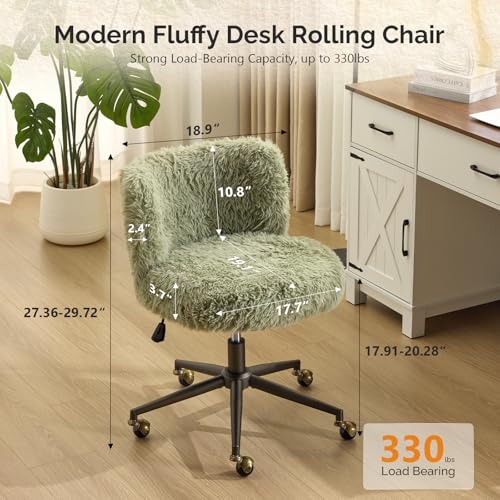 Plush Upholstery Vanity Desk Chair with Curved Back & 90-102° Tilt &Adjustable Height, Cute Rolling Chair with Bronze Base & Golden-Bronze 360° Swivel Wheels for Makeup &Home Office,Grass Green