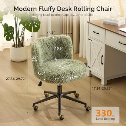 Plush Upholstery Vanity Desk Chair with Curved Back & 90-102° Tilt &Adjustable Height, Cute Rolling Chair with Bronze Base & Golden-Bronze 360° Swivel Wheels for Makeup &Home Office,Grass Green