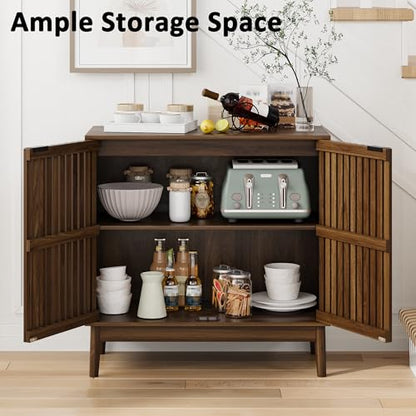 Sideboard Buffet Cabinet with Storage, Freestanding Kitchen Storage Cabinet with 2 Slatted Doors and Adjustable Shelves, Wooden Cupboard for Kitchen, Entryway (Slatted Door Walnut)