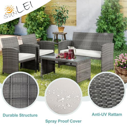 Patio Furniture Set 4 Piece Outdoor Furniture Set, PE Rattan Wicker Patio Conversation Set with Cushions & Glass Coffee Table, Backyard Patio Seating for Balcony Porch Garden Poolside, White