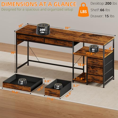 60" Computer Desk with 5 Drawers and Power Outlets, Rustic Brown, view 3