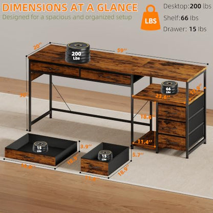 60" Computer Desk with 5 Drawers and Power Outlets, Rustic Brown, view 3