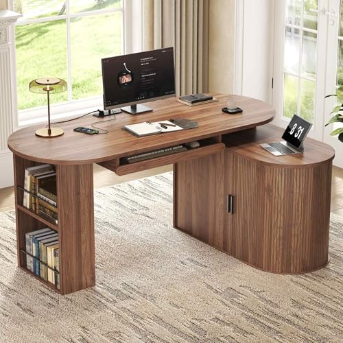 Office L Shaped Computer Desk with Storage Cabinet, Reversible Corner L Desks with Keyboard Tray and Open Shelf, Home Office Executive Desk with Power Outlet for Study Workstation, Walnut 60 Inch