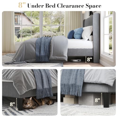 Queen Bed Frame, Upholstered Platform Bed with Corduroy Headboard, Grey, view 5