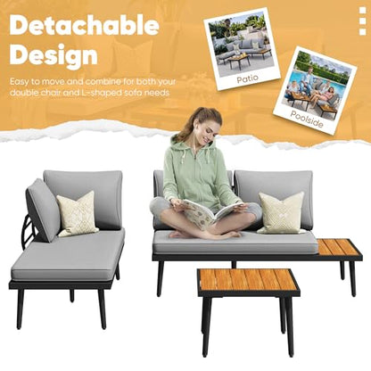 Outdoor Sectional Sofa Set L-Shaped Metal Patio Furniture with All-Weather Cushions and Built-in Side Coffee Table for Garden, Lawn, Backyard, Poolside, Gray