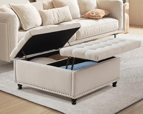 35.5" Large Square Ottoman with Storage, Tufted Upholstered Storage Ottoman with Lift Top & Solid Legs for Bedroom Room, Extra Large Coffee Tables Bench for Living Room as Footstool (Beige)