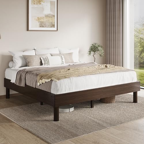 King Size Wood Platform Bed, 7.9" Under-Bed Storage, Walnut, view 4