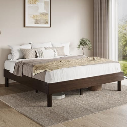 King Size Wood Platform Bed, 7.9" Under-Bed Storage, Walnut, view 4