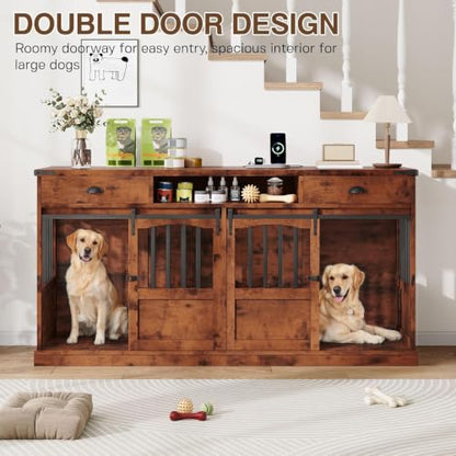 72" Double Dog Crate Furniture with Charging Station, Extra Large, view 3