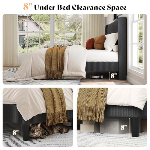 Queen Bed Frame, Upholstered Platform Bed with Corduroy Headboard, Black, view 5