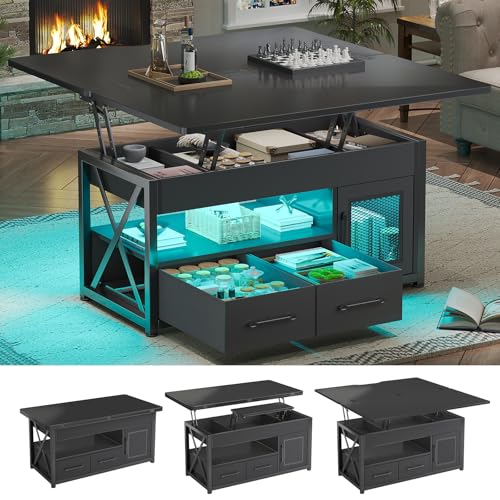 40" Lift Top Coffee Table, 4 in 1 Coffee Tables with Storage Cabinet for Living Room, Small Farmhouse Coffee Table with 2 Fabric Drawers & LED Light for Dining Room, Black