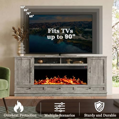 85" Large TV Stand with 47" Fireplace, 85" W & 39" H, Gray, view 4
