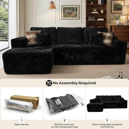 106" Cloud Sectional Couch with Chaise Lounge,L Shaped Modular Modern Sofa,Comfy Corduroy Fluffy Sofa with Deep Seat,No Assembly Required Couch for Living Room(Left,Plush Corduroy,Black)