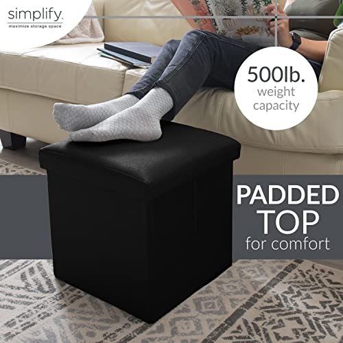 Faux Leather Folding Storage Ottoman | Single | Collapsible | Tufted Padded Seating | Foot Rest | Bench | Toy Box | Black
