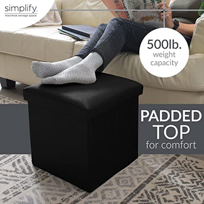Faux Leather Folding Storage Ottoman | Single | Collapsible | Tufted Padded Seating | Foot Rest | Bench | Toy Box | Black