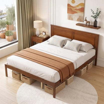 Queen Size Bed Frame, Farmhouse Wooden Platform Bed with Headboard, view 2