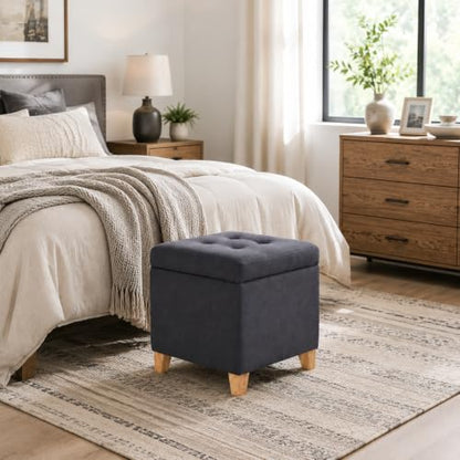 Tufted dark gray storage ottoman with lid and foot rest, view 6