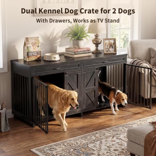 Dog Crate Furniture TV Stand with Storage Drawers, Large Wooden Kennel, view 7