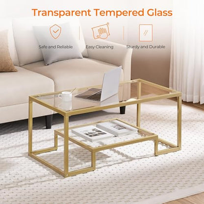 Yaheetech Gold Coffee Table, 42" Rectangular Glass Coffee Table for Living Room, 2-Tier Living Room Tables with Storage Center Tea Tables with Metal Frame for Small Space, Apartment, Office