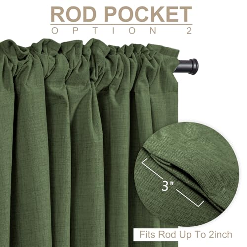 Linen Blackout Curtains for Bedroom 90 Inches Long, Back Tab/Rod Pocket Living Room Drapes, Thermal Insulated Blackout Curtains 2 Panels Set, 50" W x 90" L, Moss Green