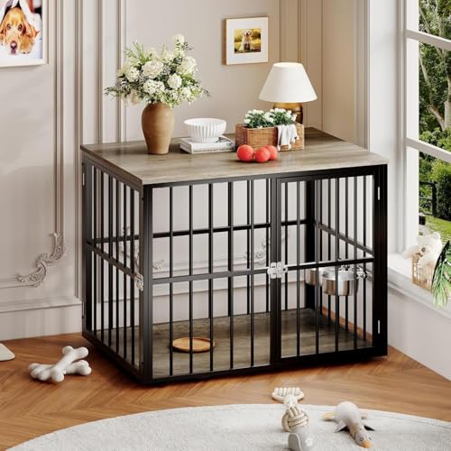 43" Dog Crate Furniture, Wooden Dog Crates with Double Doors and Lockable Kennel, view 2
