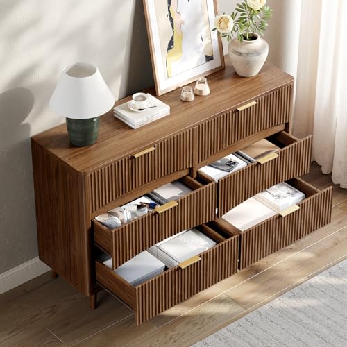 54" Wide Fluted 6 Drawer Dresser, Mid Century Modern Curved Dresser, Light Wood Chest of Drawers for Bedroom, Living Room and Entryway, Walnut