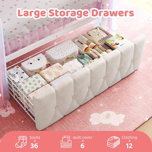 Twin Canopy Bed Frame with Drawers, LED and Charging Station,White, view 6