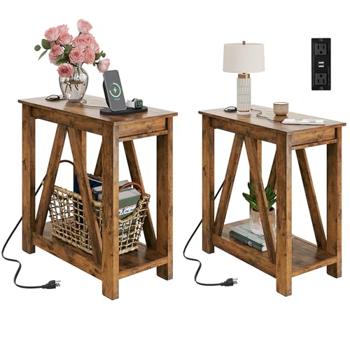 End Tables Living Room Set of 2 with Charging Station, Sofa Side Tables with Open Storage Shelf, Slim Farmhouse End Table Sets, Greige