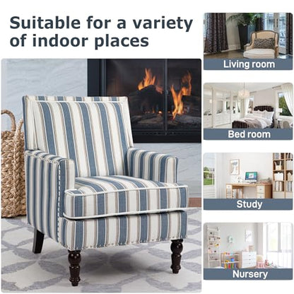 Accent Chair, Comfy Cozy Modern Mid-Century Accent Chairs, Linen Upholstered Lounge Arm Chair with Solid Wood Reading Side Padded Single for Living Room/Office/Balcony/Bedroom-Blue Stripe